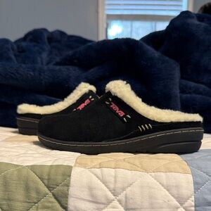 Teva Black and Cream Fleece-Lined Slip-Ons